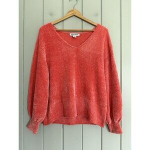 Tommy Bahama Sweater L Large Chenille V-Neck Coral Pink Balloon Sleeves